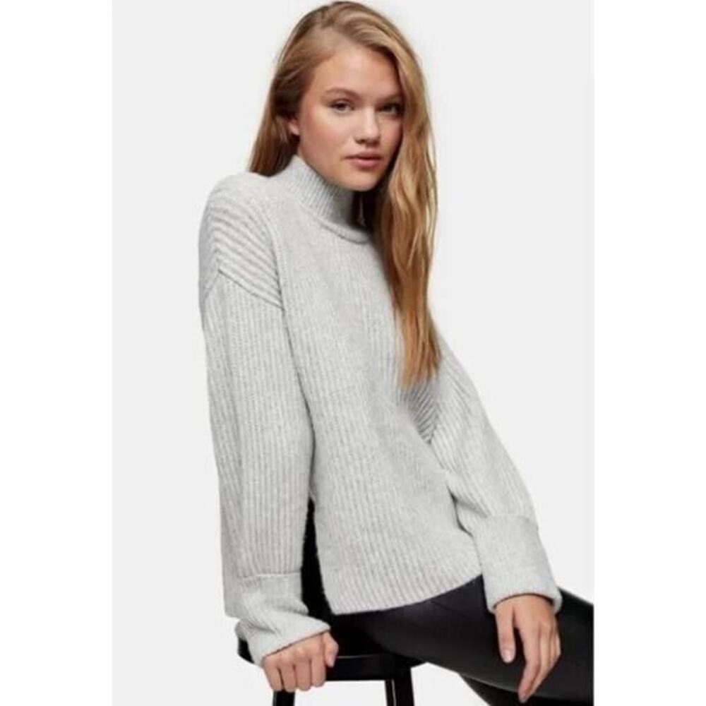 Topshop Women's Plated Mock Neck Ribbed Knit Sweater in Grey XS(0-2) MSRP $68